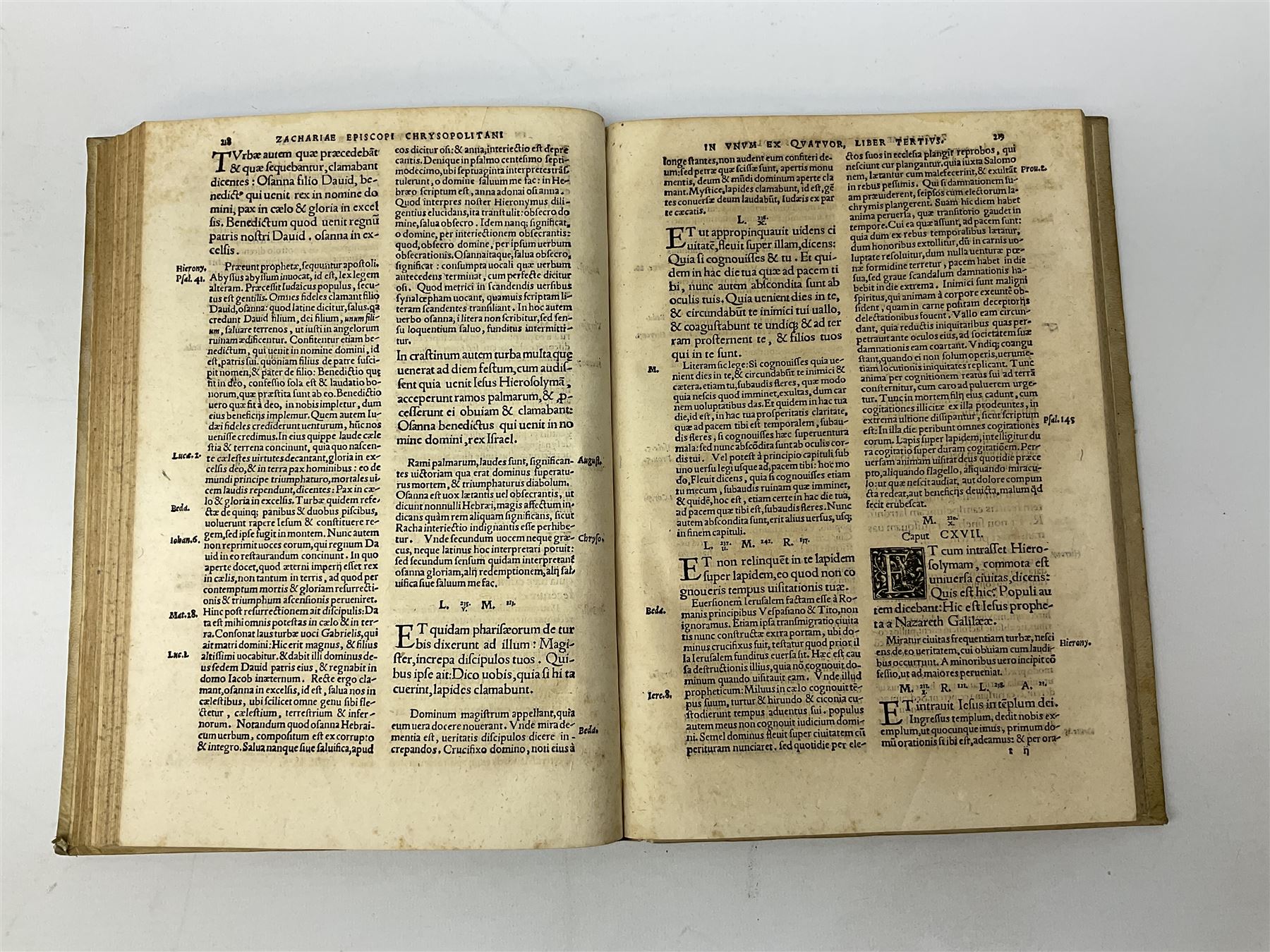 Zacha Riae Episcopi Chrysopolita Ni, Uiri Suo Tempore Celeberrimi, In Unu Ex Quatuor Fiue De Concordia Evangelistarum, Libri Quatuor, Iam Nunc Primu Typis Excusi .... 1535 Eucharius Ceruicornus Excudebat. Title page with border of engraved figures. Later full vellum binding.