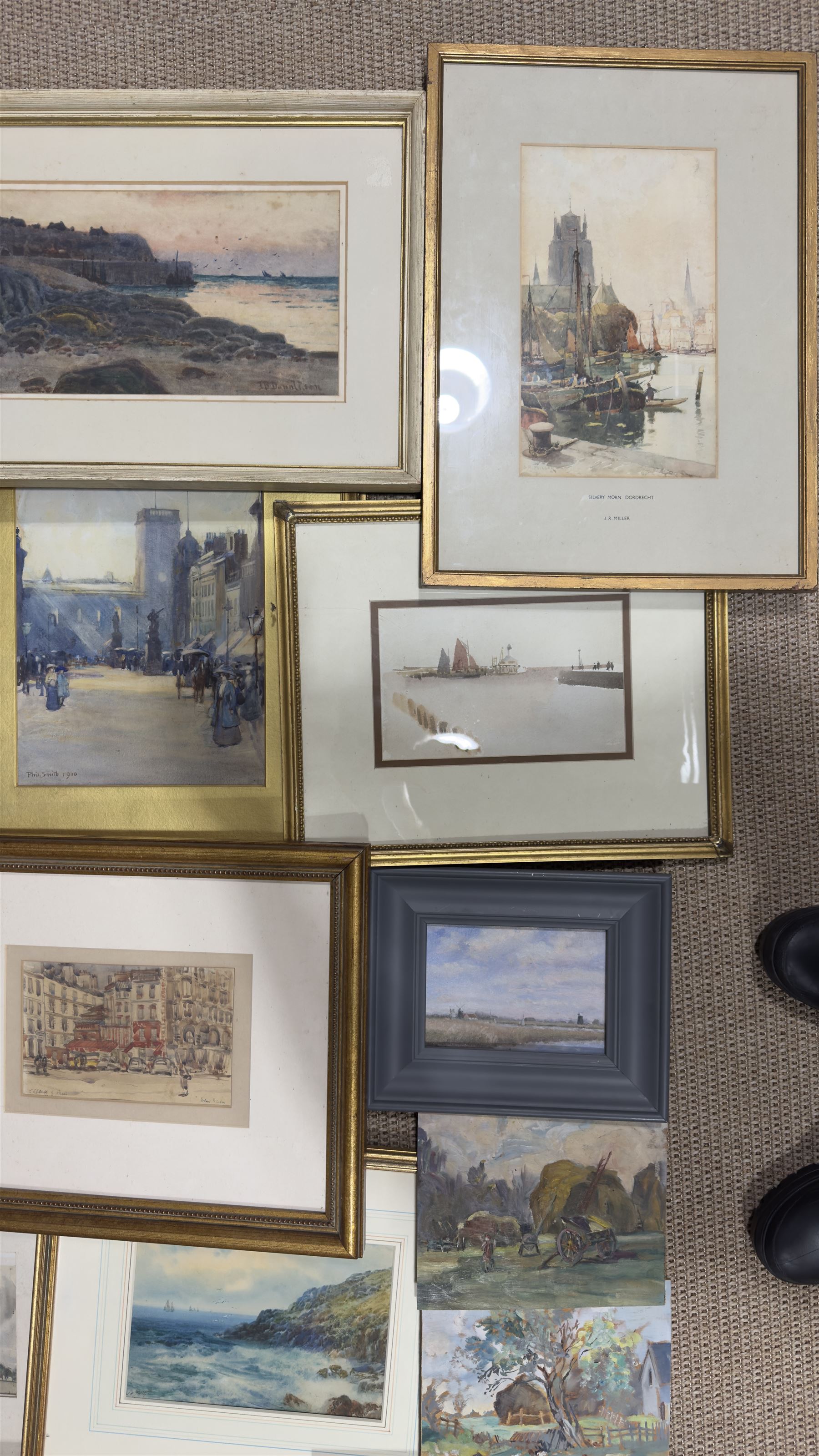 Collection of mostly watercolours, variously signed, artists to include Tom Anderton, Walter Henry Sweet, James Robertson Miller, Percy Hipkiss, J B Donaldson, Phil Smith and others indistinctly signed, contents in one box 