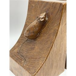 Pair 'Mouseman' tooled oak bookends, curved form and carved with mouse signature, by Robert Thompson of Kilburn