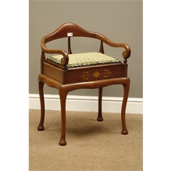  Early 20th century piano stool, curved back and scrolled arms, hinged upholstered seat above inlay, cabriole legs, W54cm  