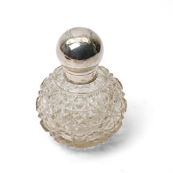 19th century engraved silver buckle 13cm x 9cm, the reverse engraved 1849, unmarked but tests 90 standard, cut glass globe scent flask with silver cover Sheffield 1911 and a cased set of six silver handled tea knives