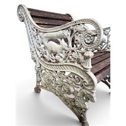 Pair of unusual Victorian revival heavy cast iron garden chair benches, ornate scrollwork detail with squirrels and nature, serpentine wood slatted seat and back - design by George Smith at the Sun Foundry, Glasgow