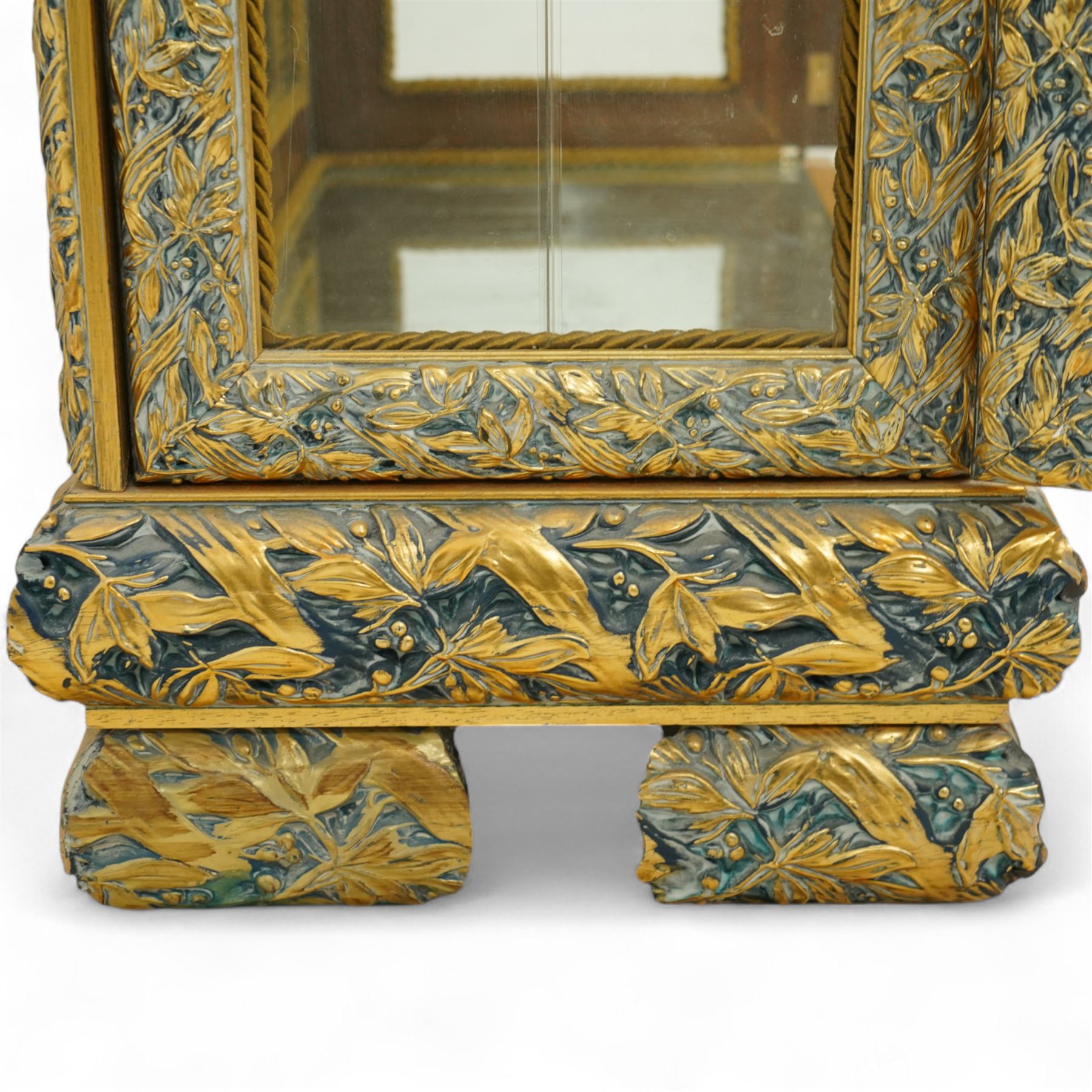 Astoria Grand, Constance dining cabinet, mirrored top, carved wood and gold painted, two glass panelled doors with glass shelves on bracket-type feet
