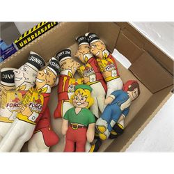 Quantity of Sunny Jim advertising soft toys, together with a quantity of Mcdonalds toys in two boxes