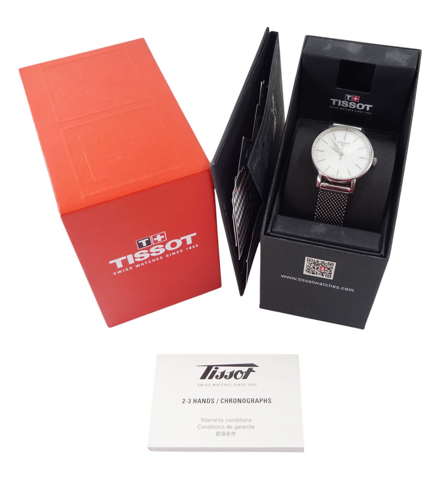 Tissot Everytime ladies stainless steel quartz wristwatch, Ref. 143210, silvered dial with baton hour markers, on integral interchangeable bracelet, boxed