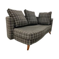 Shaped chaise sofa with curved back support, upholstered in dark grey chequered fabric, with cushions, on light wood splayed front feet