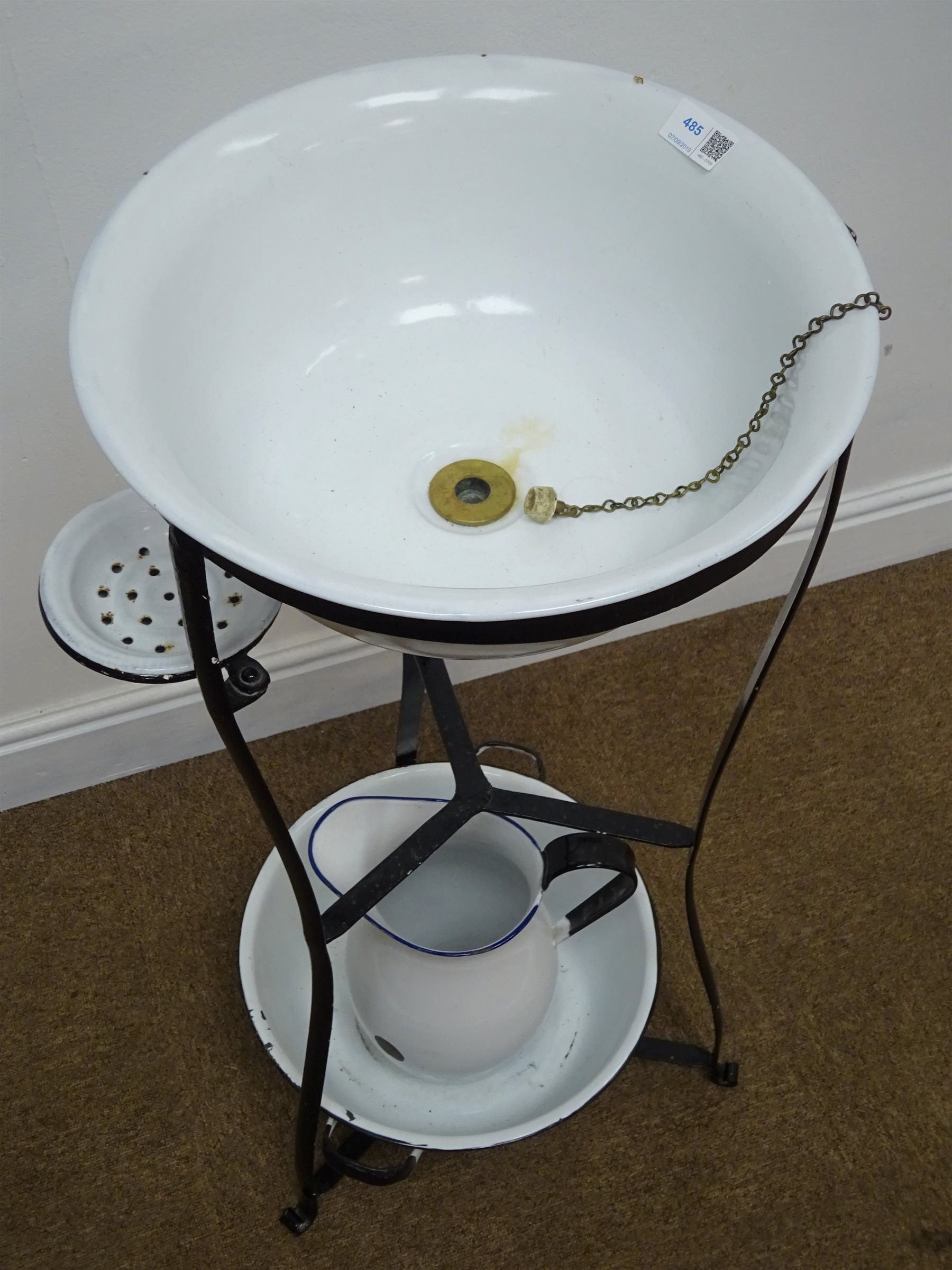 French style wrought metal wash stand with enamel basin, jug, bowl and
