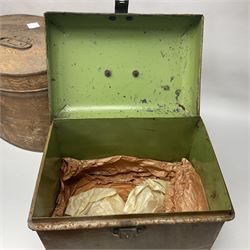 Metal hat box, together with another metal traveling case and a singer sewing machine 