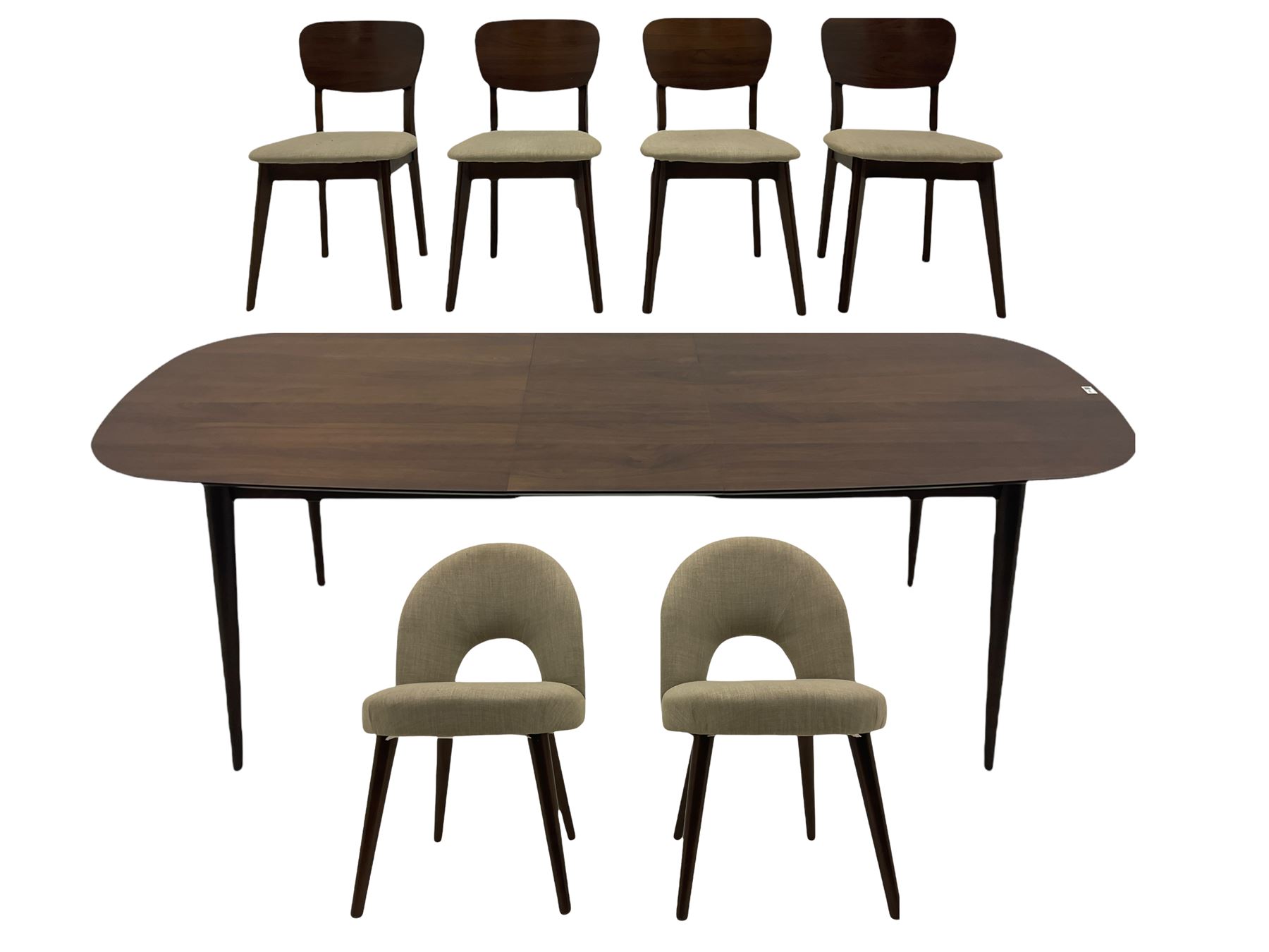 Bentley Designs - Premier collection 'Oslo' contemporary walnut extending dining table and six chairs upholstered in steel grey fabric. 