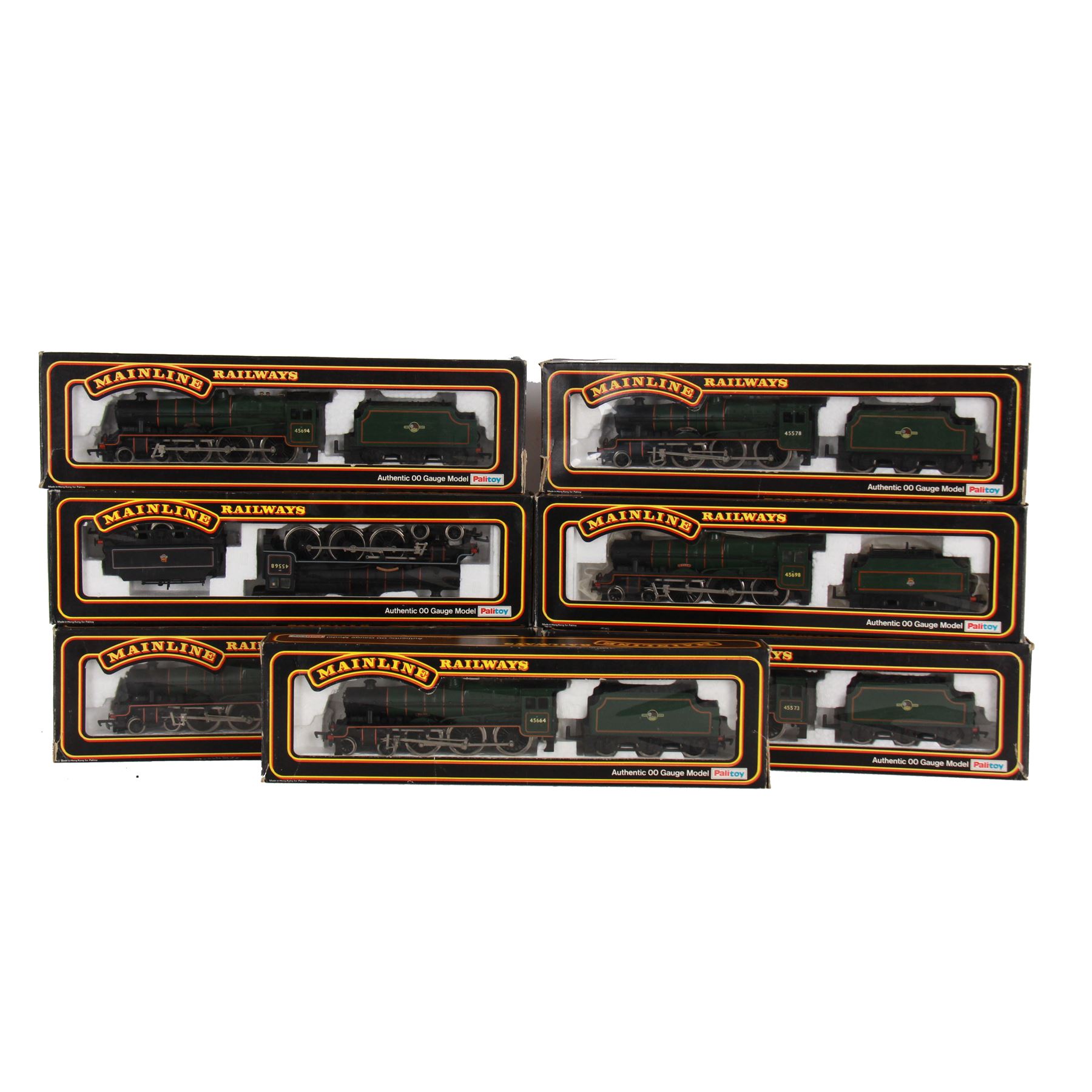 Seven Mainline Railways '00' gauge Jubilee Class 4-6-0 locomotives, comprising five 37062 in BR green livery, reworked as United Province no. 45578, Newfoundland no. 45573, Bellerophon no.45694, Nelson no. 45664 and no. 45691, 37047 Mars locomotive no. 45698 with Fowler tender in BR green livery and 936153 Western Australia locomotive no. 45568 in BR black livery, all boxed