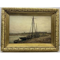 Owen Bowen (Staithes Group 1873-1967): Barges at the Riverside, oil on canvas signed and dated 1909, 40cm x 60cm