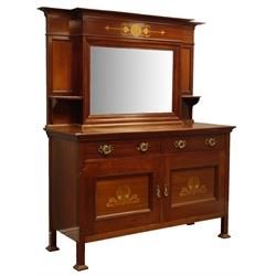  Edwardian Arts & Crafts period mahogany dresser, raised break front top section with bevelled mirror, above two drawers and panelled cupboards, inlaid with stylised floral motifs and mother of pearl, label to drawer for 'Robson & Sons, Newcastle-Upon-Tyne', W153cm, H193cm, D60cm  
