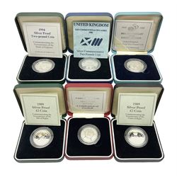 Six The Royal Mint United Kingdom silver proof two pound coins, comprising 1986 'XIII Commonwealth Games', 1989 'Tercentenary of the Bill of Rights', 1989 'Tercentenary of the Claim of Right', 1994 'Tercentenary of the Bank of England', 1995 '50th Anniversary of the United Nations' and 1996 'A Celebration of Football', all cased with certificates 