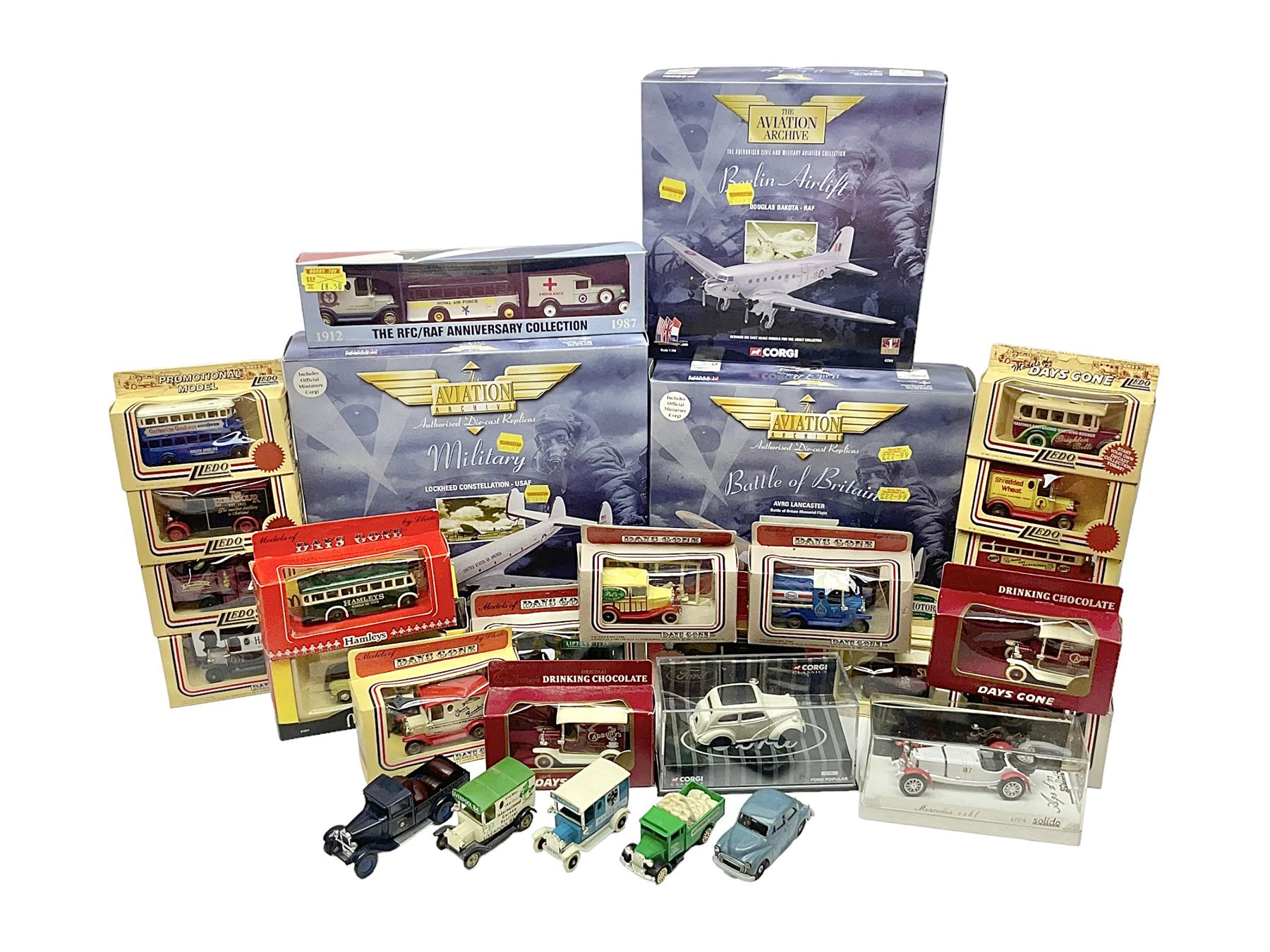 Corgi/Lledo - small collection of modern die-cast vehicles to include Corgi Aviation Archive 1:144 scale aircrafts 47111, 47301 and 47506; Lledo The RFC/RAC Anniversary Collection; quantity of Lledo Days Gone and Corgi models boxed and loose etc 