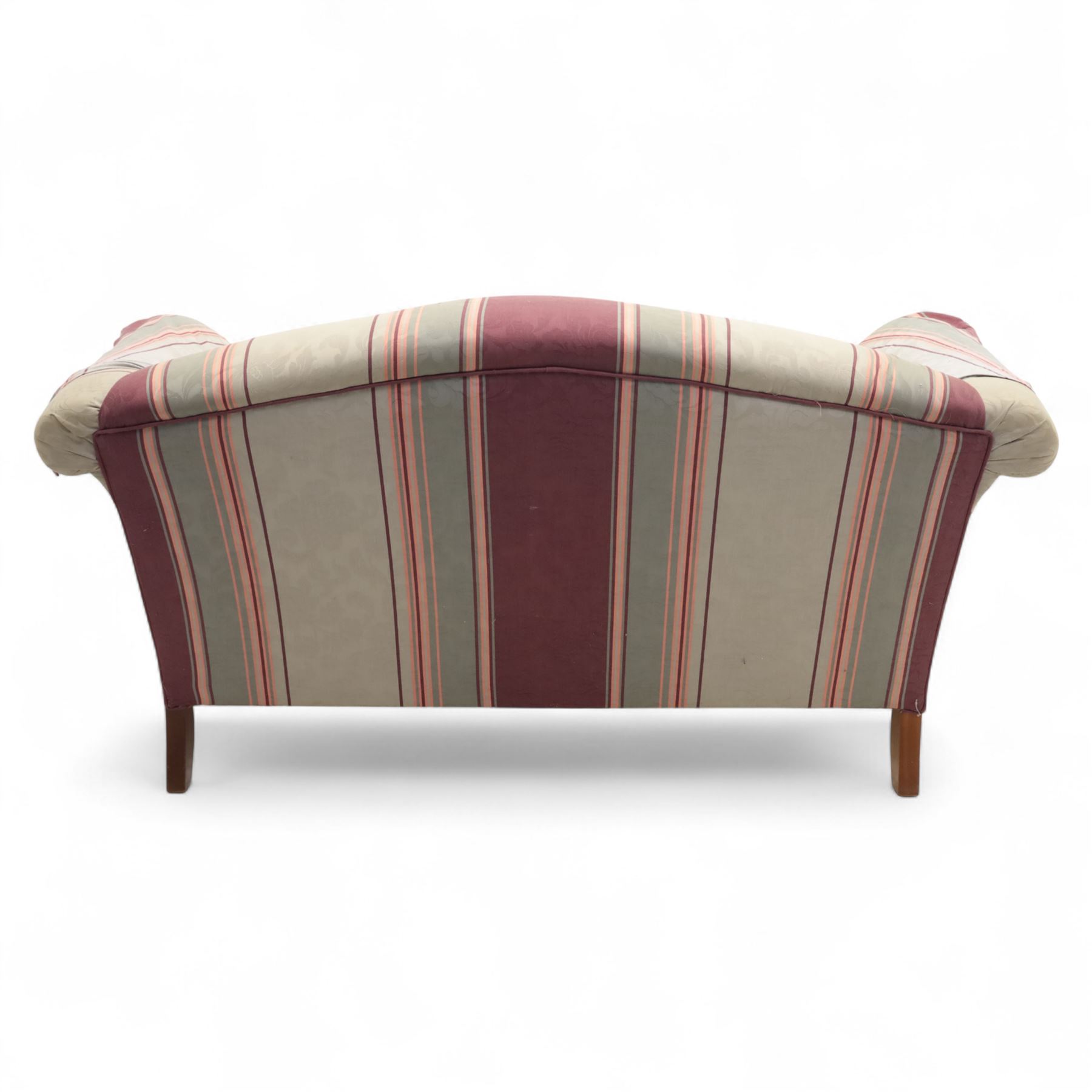 Traditional design two seater sofa, upholstered in striped blue and purple fabric