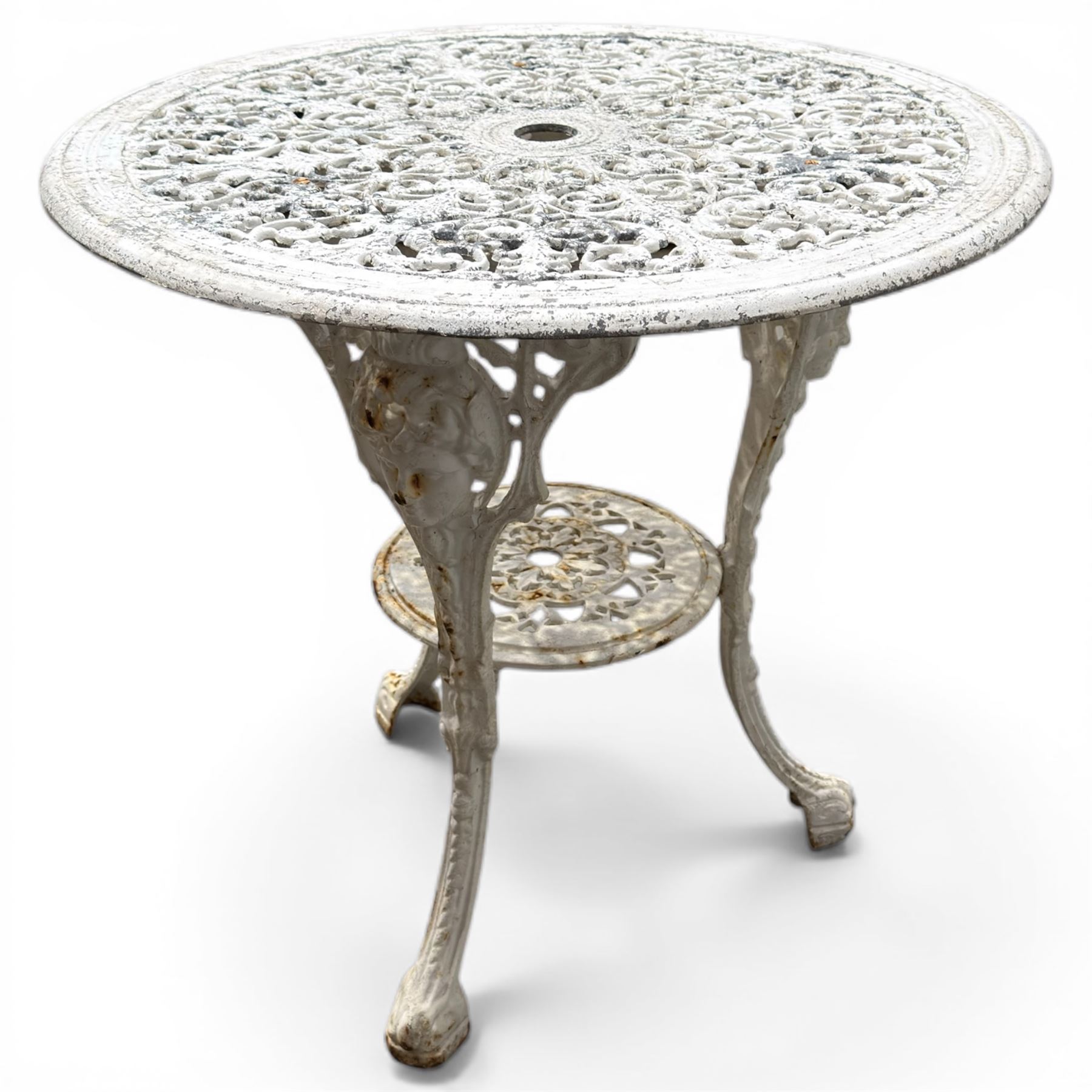 Victorian cast iron white painted garden table with aluminium top and cast iron chairs