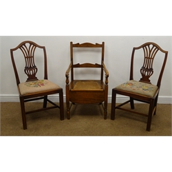  Pair of 19th century mahogany dining chairs with woolwork drop in seats (W53cm) and an Edwardian beech commode chair, cane seat (W54cm)  