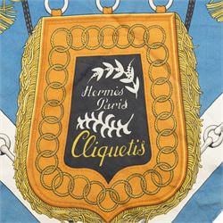 Hermes 'Cliquetis' silk scarf in orange and blue colourway, designed by Julie Abadie, 89cm x 89cm