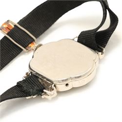 Art Deco French ladies platinum black onyx and diamond manual wind wristwatch, silvered / white dial with Arabic hour markers, old cut diamonds and onyx set bezel, diamond set lugs and crown, case No. 80639, hallmarked