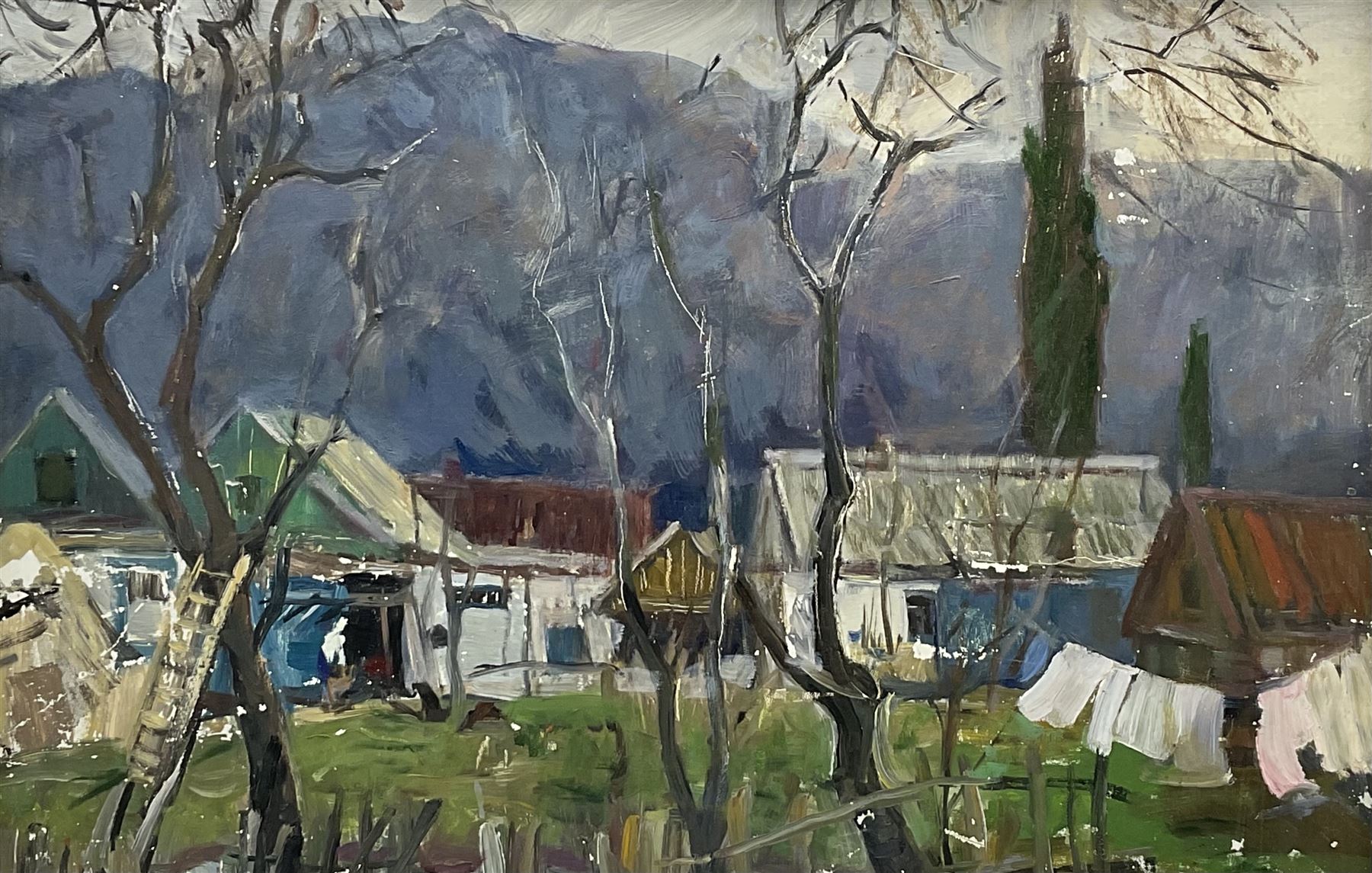 Alexander Georgievich Gulyaev (Russian 1917-1995): Russian Village around the Dachas, oil on board signed titled and dated 1990 verso 47cm x 68cm
