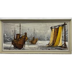 Ben Maile (British 1922-2017): Beached Fishing Boats, oil on board signed 42cm x 98cm