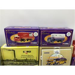 Corgi - four Weetabix promotional models; three Cadburys promotional models; United Dairies limited edition two-vehicle set; AEC limited edition two-vehicle bus set; and five other Corgi die-cast models/figures; all boxed (14)