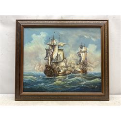 J Harvey (20th century): Naval Battle, oil on canvas signed 49cm x 59cm