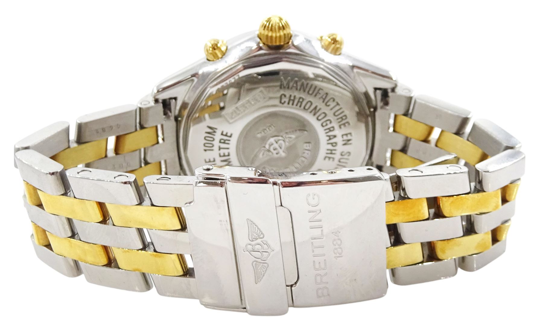 Breitling Shadow Flyback gentleman's stainless steel and gold-plated automatic chronometer wristwatch, Ref. B35312, serial No. 229225, silvered dial with three subsidiary dial and date aperture, on original stainless steel bracelet, with fold-over clasp, boxed with papers