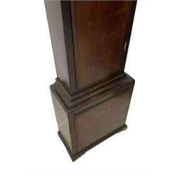 Thomas Hutchinson of Leeds - 18th century 8-day oak longcase clock with as broken arched  pediment and moulded cornice, with a conforming hood door flanked by plain turned pilasters with gesso capitals,  long trunk door with a wavy top on a square plinth with a raised panel, brass dial with cast spandrels,  engraved silvered dial centre and chapter ring with Roman numerals, five minute Arabic's and minute track, with pierced steel hands, seconds pointer,  arched calendar aperture and silvered boss engraved with the makers name to the break arch, dial pinned to a rack striking two train movement with a recoil anchor escapement. With weights and pendulum. Thomas Hutchinson is recorded as working in Leeds from 1760-90.