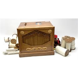 Small scratch built wooden John Smith style twenty-note busker organ with thirteen paper music rolls, other paper music and soft toy monkey