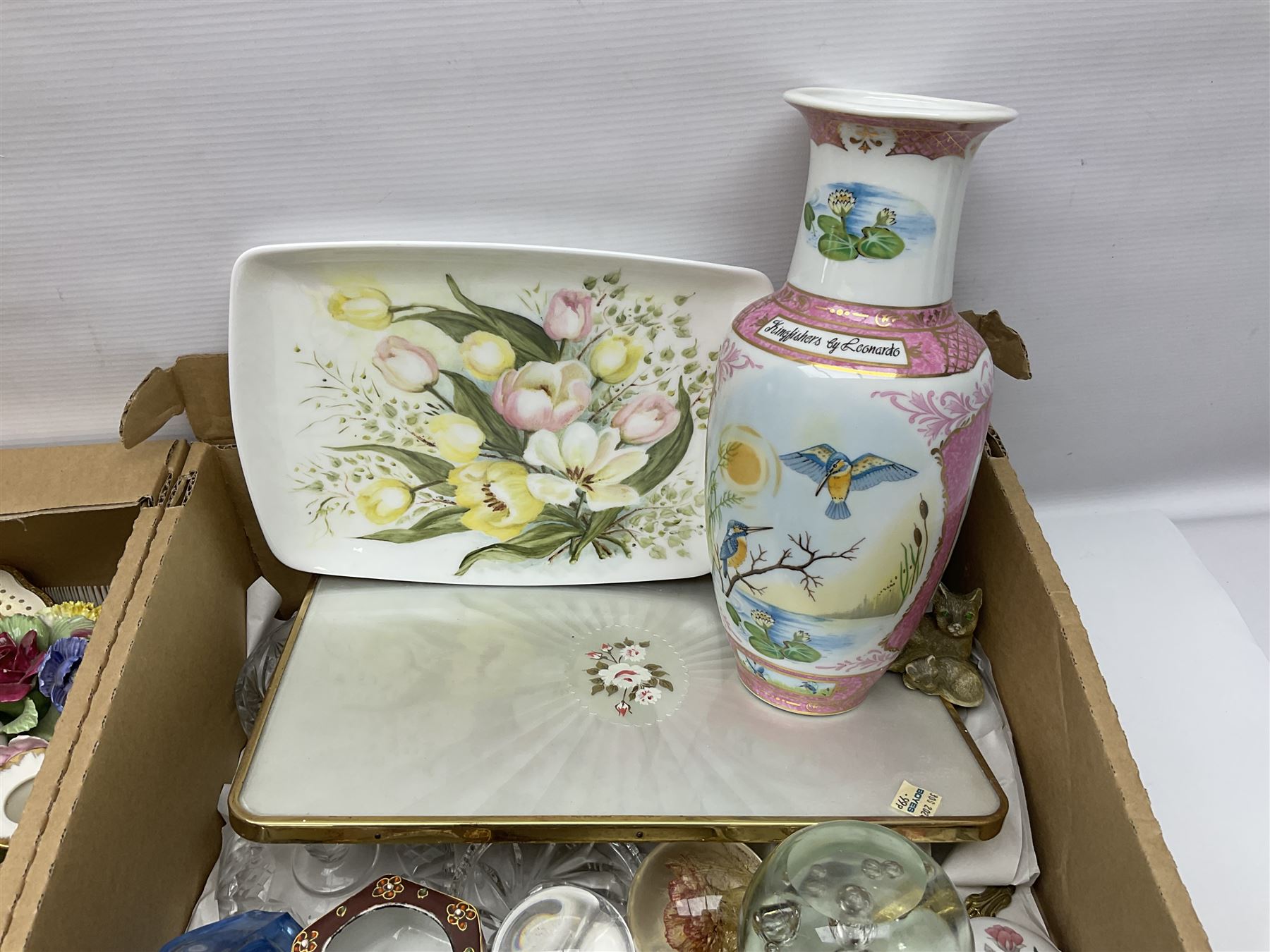 Royal Doulton Greenbrier pattern tea wares, together with a collection of porcelain flowers, Murano style coloured glass bowls, other ceramics and glassware, in four boxes 