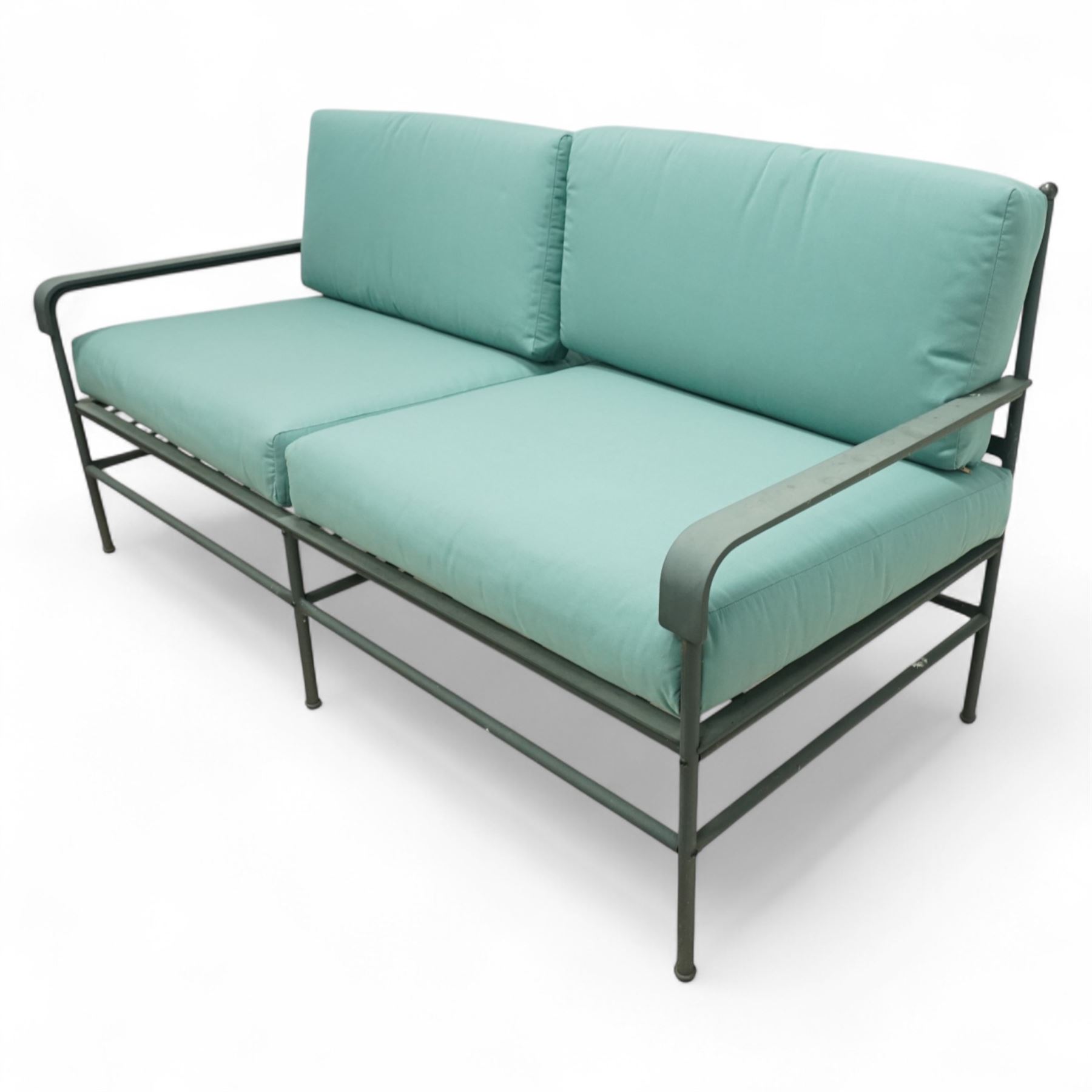 Unopiu - Italian designer 'Toscana' garden suite, comprising two seat sofa and two armchairs with table, wrought metal with loose seat cushions (Armchair W 82cm, D 72cm, H 81cm)