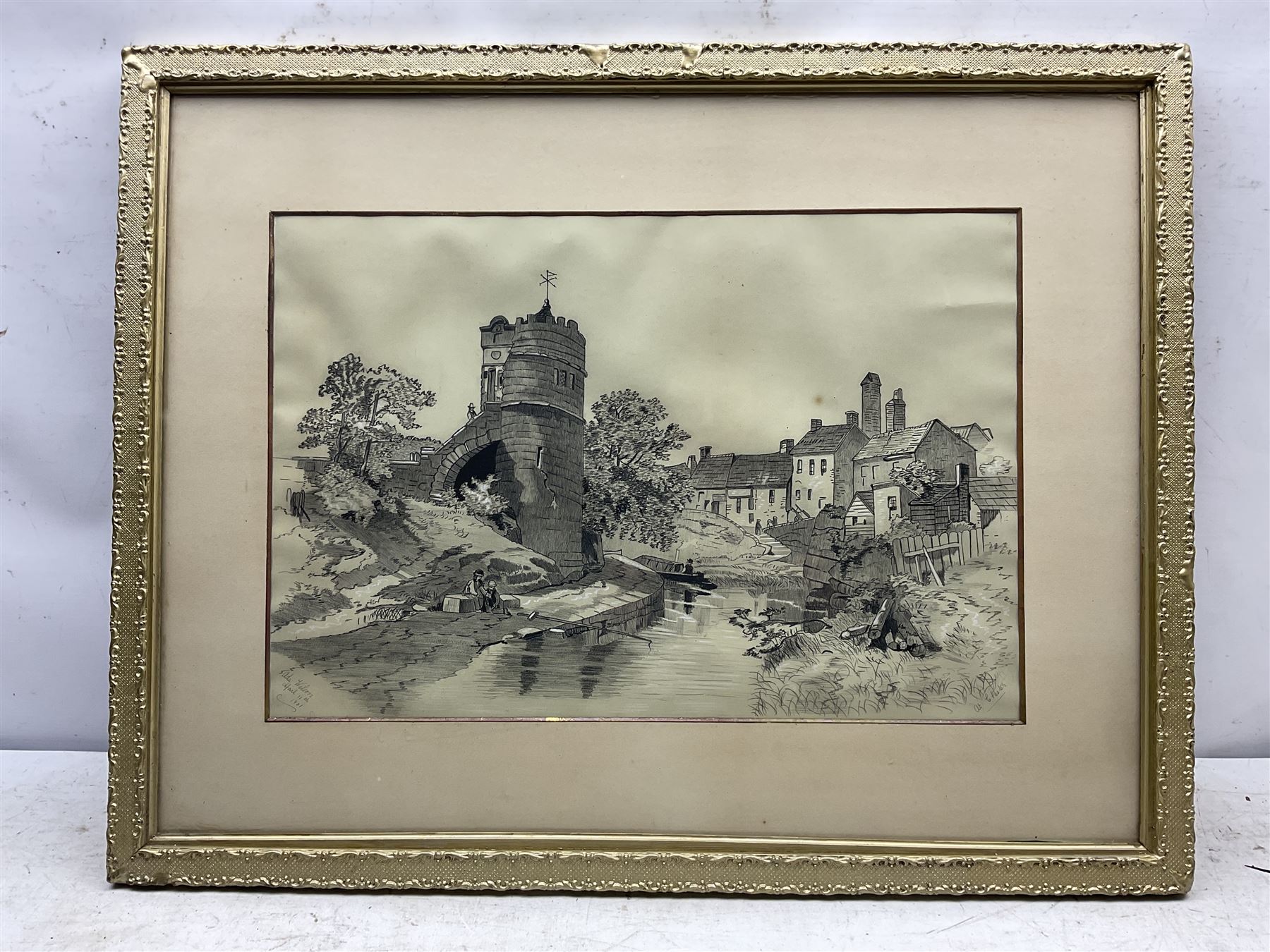 Ada Wilson (British early 20th century): 'At Chester', pencil heightened in white signed titled and dated 'April 11th 1901', 34cm x 51cm