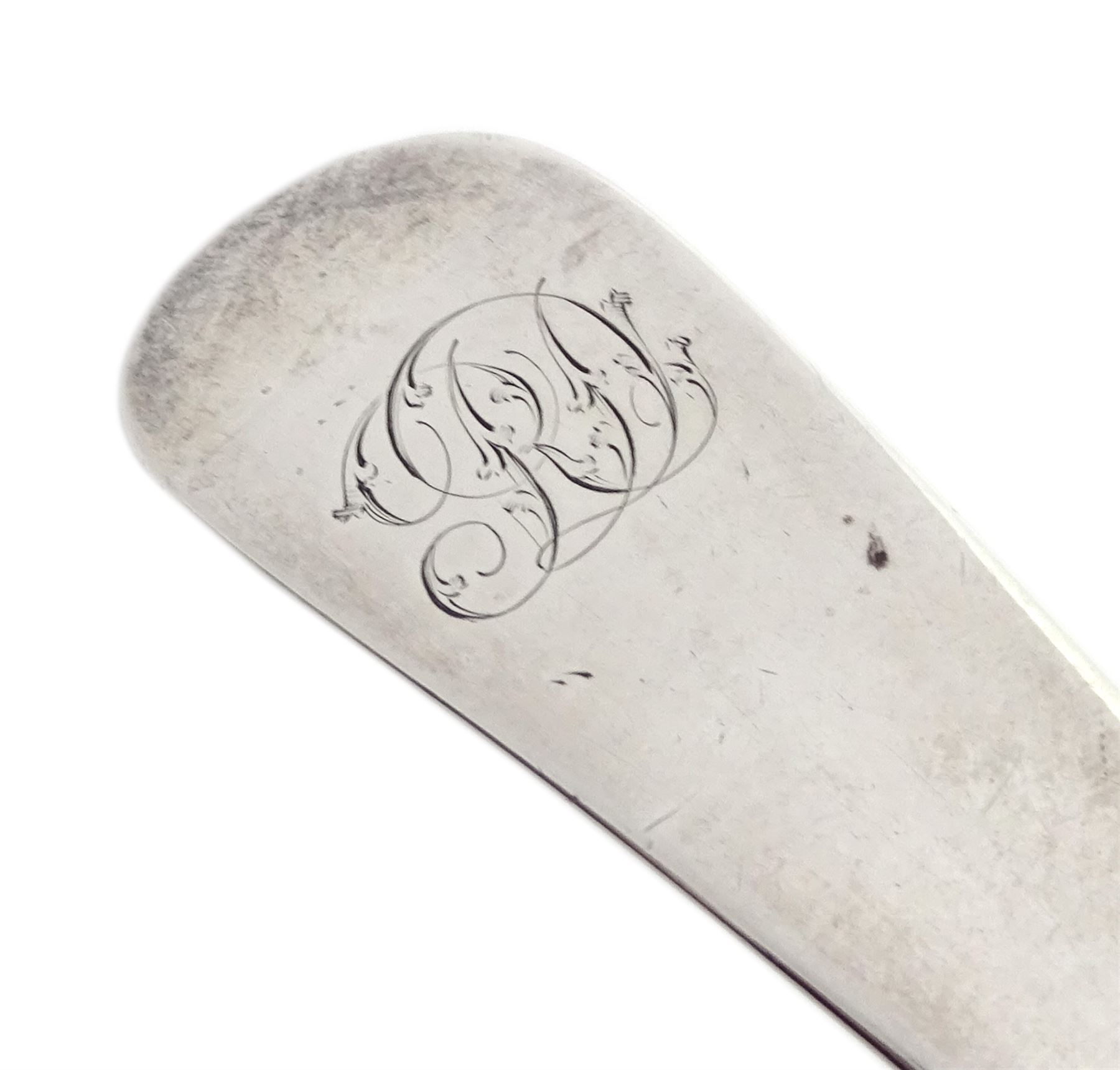 George III silver Old English pattern ladle, with engraved monogram to terminal, bottom struck, hallmarked John Lambe, London 1780, approximate silver weight 5.59 ozt (174 grams)