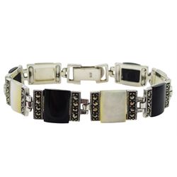 Silver black onyx, mother of pearl and marcasite link bracelet, stamped 925