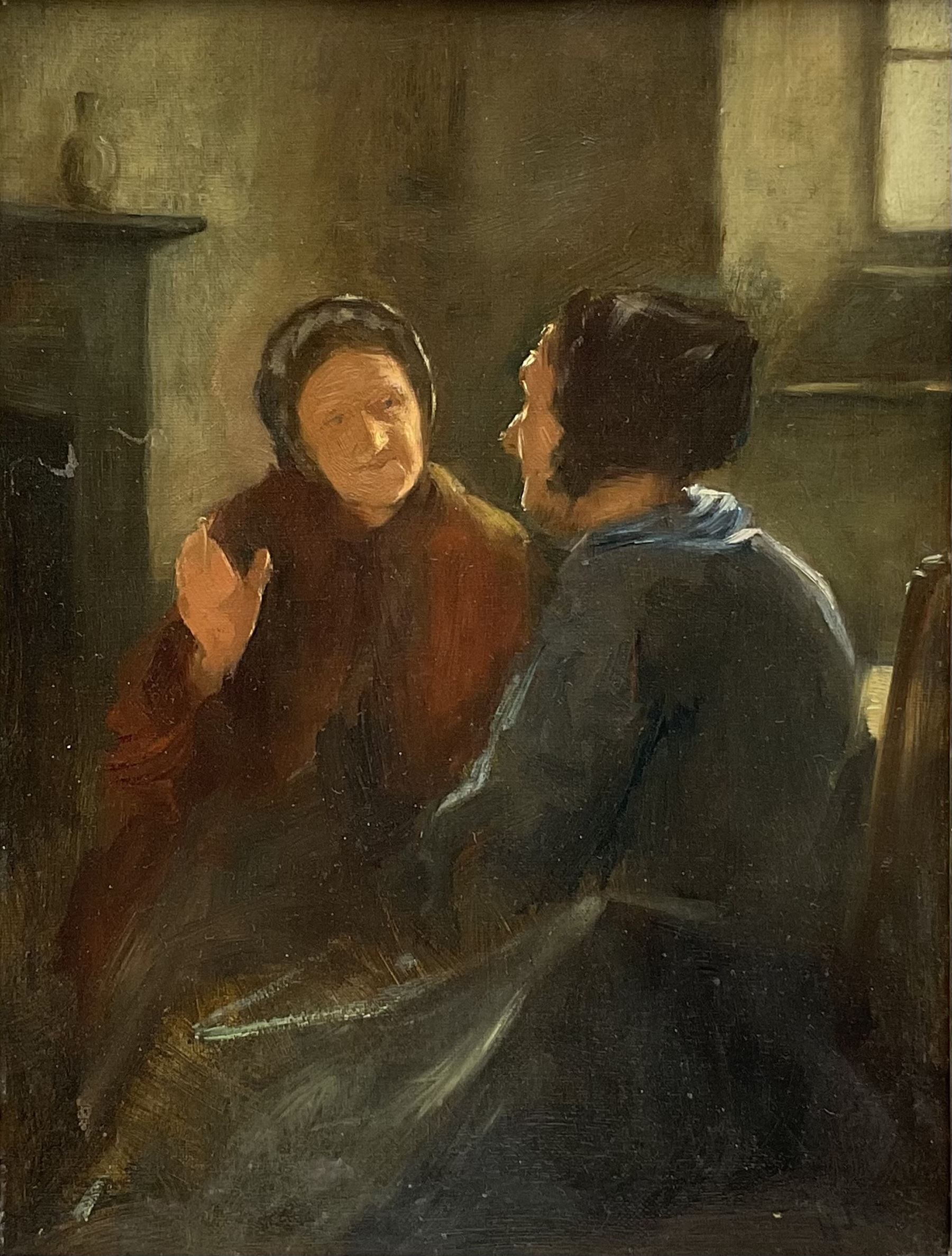 Henry John Dobson (Scottish 1858-1928): Two Elderly Ladies in Conversation, oil on canvas signed with initials 29cm x 22cm