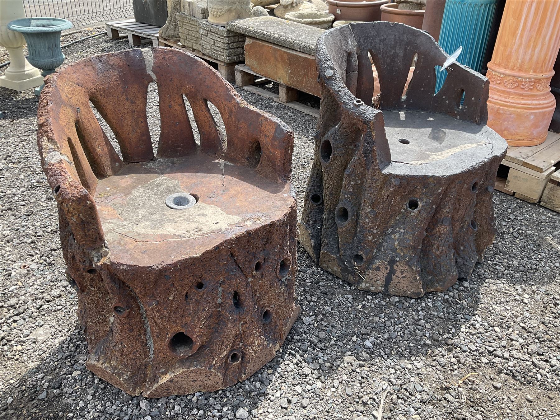 Pair of cast composite, log effect garden grotto chairs - THIS LOT IS TO BE COLLECTED BY APPOINTMENT FROM DUGGLEBY STORAGE, GREAT HILL, EASTFIELD, SCARBOROUGH, YO11 3TX
