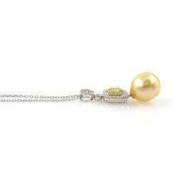 18ct white gold pearl and diamond pendant necklace, single yellow cultured pearl suspending from a cluster of cushion cut and round brilliant cut fancy yellow gold diamonds and white diamond surround, total diamond weight approx 0.50 carat