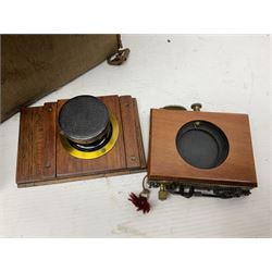 Sands Hunter & Co Ltd folding 1/4 plate camera in mahogany and lacquered brass, with two lenses and leather case