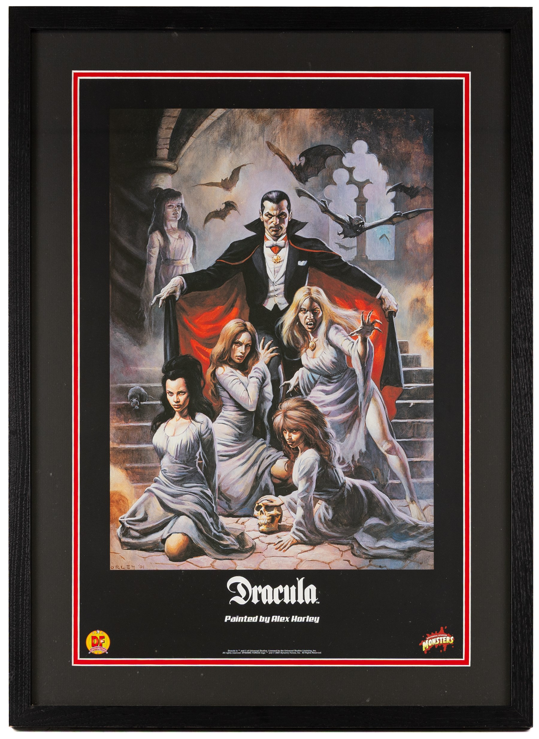 Two limited edition Dynamic Forces art prints, Dracula and Frankenstein, both framed H47cm