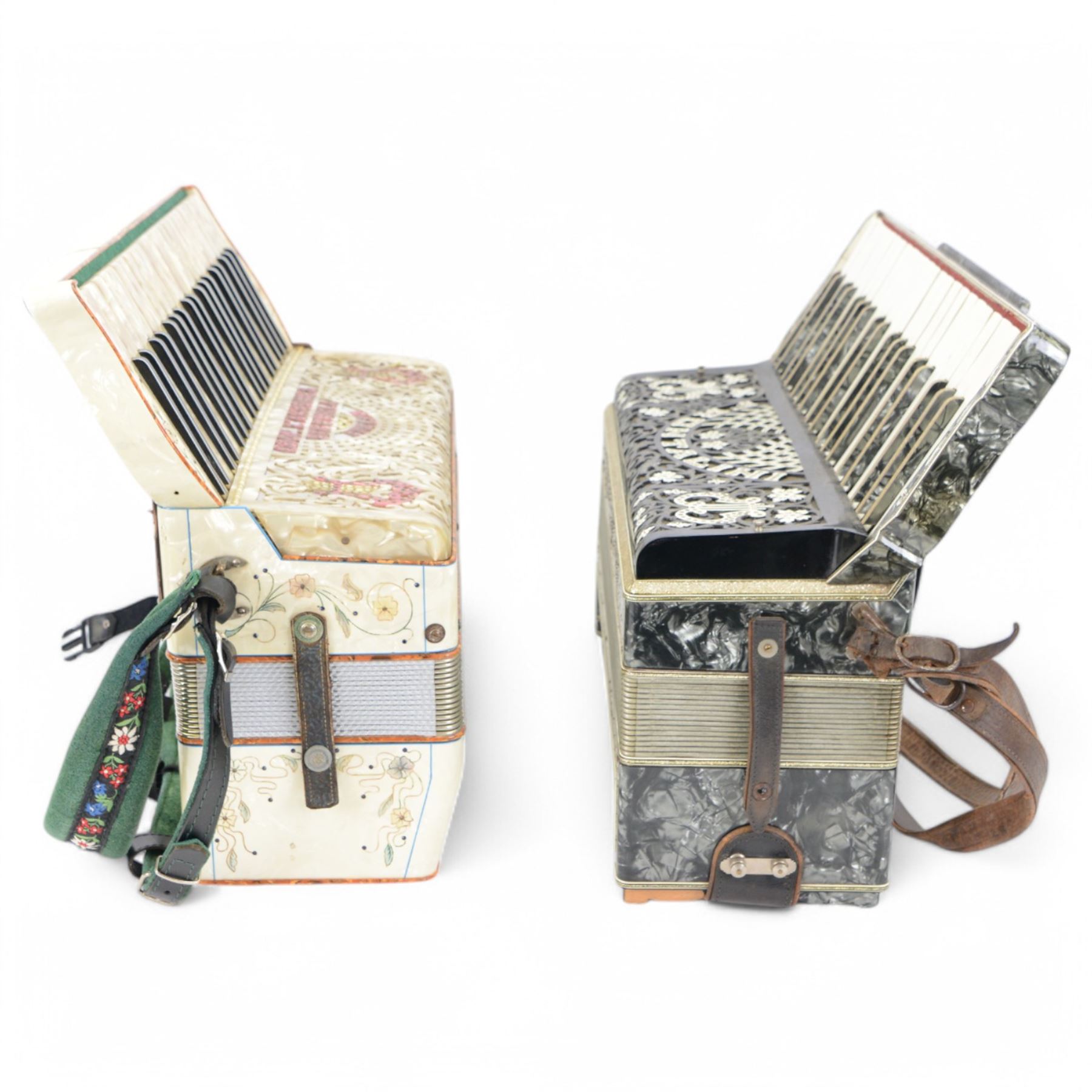 Two mid 20th century Italian accordions- manufactured by Frontalini and Cooperatiua both with a three octave keyboard compass and 120 bass buttons, with fretted sound grills and shoulder straps. 