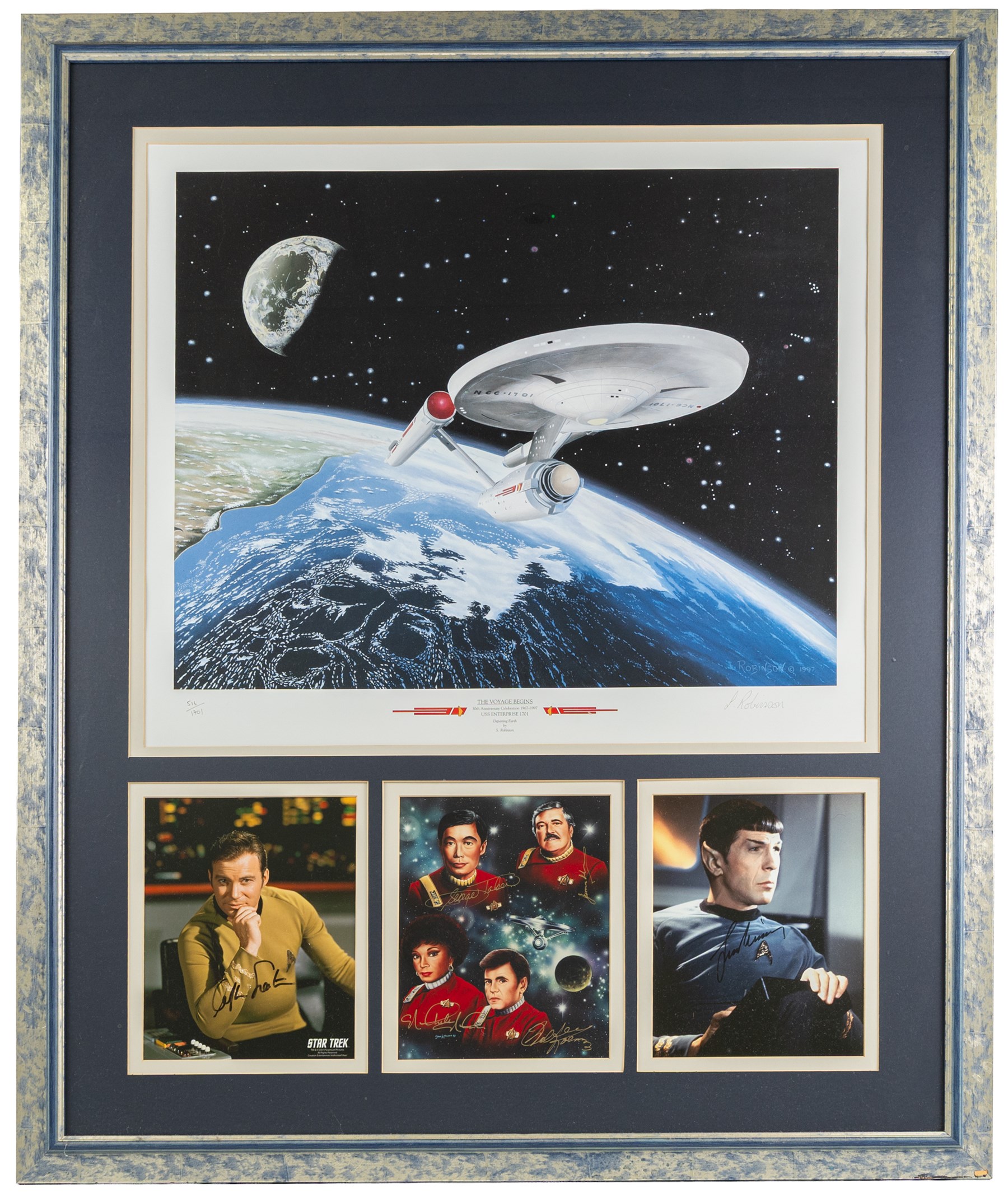 Limited edition Star Wars print 'The Voyage Begins' by Stewart Robinson numbered 516/1701, framed above three signed photographs of William Shatner as Captain James T. Kirk, Leonard Nimoy as Mr Spock and The Star Trek Legendary Four, all with certificates of authenticity verso, frame H109cm, W90cm