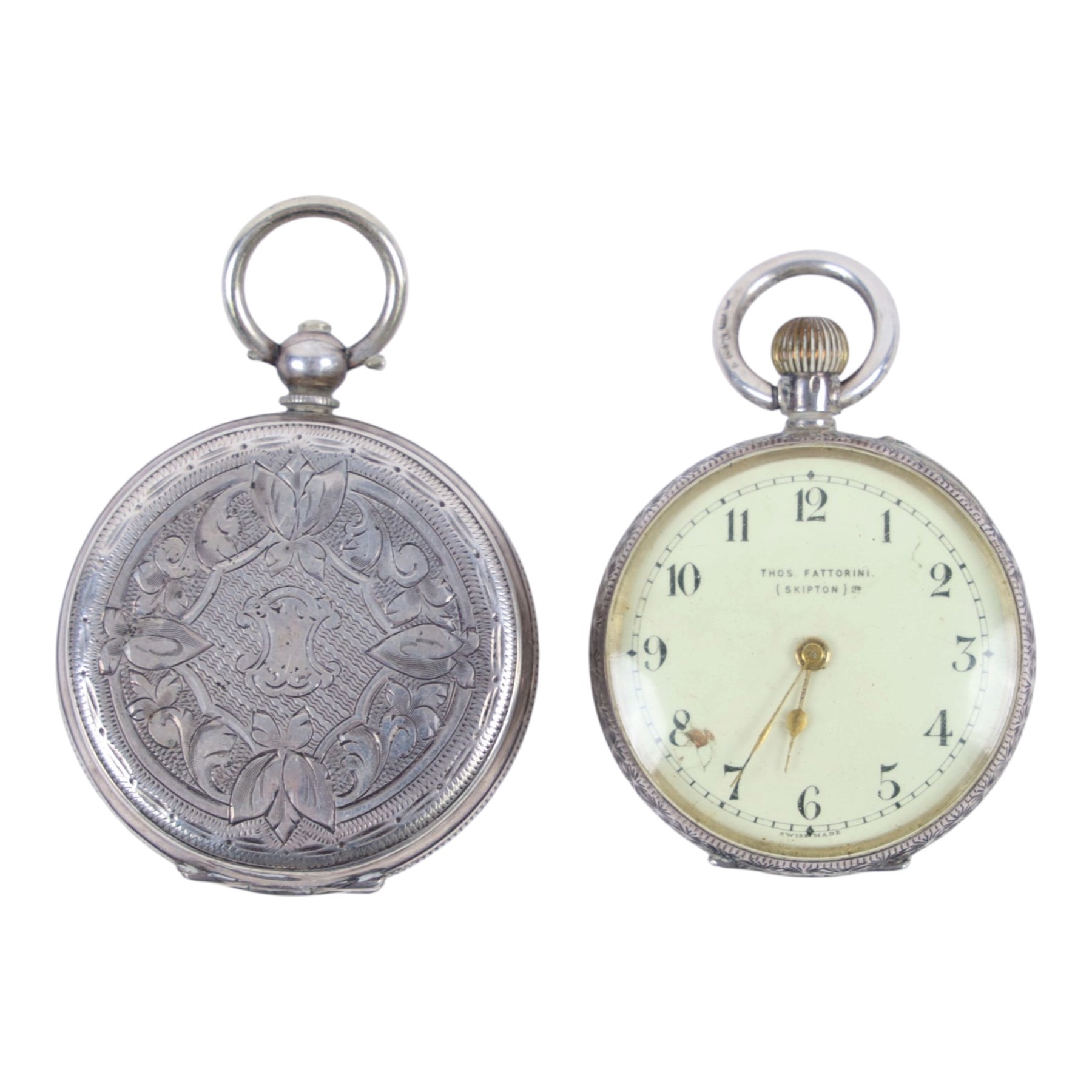 Silver improved patent open faced pocket watch, together with a plated Helvetia military issue pocket watch with broad arrow verso and two silver fob watches
