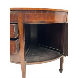 19th century and later mahogany demi-lune side cupboard, fitted with six drawers and central double cupboard, on square tapering supports with spade feet, satinwood banding throughout 