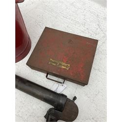 Antifyre Pistole fire extinguisher grenade launcher together with four cartridges (one lacking contents) in original storage tin, together with a red painted fire bucket