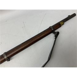 19th century W.J. Penn 29 King Street Soho officer's/volunteers type .577 Snider action gun, the 91cm barrel with three-groove rifling and three barrel bands, full walnut stock with chequered grip and fore-end, brass fittings and leather sling L140cm