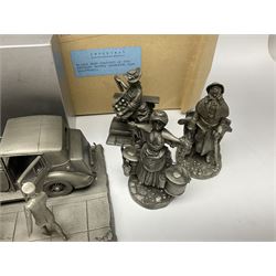Twelve Franklin Mint pewter figures, to include some from the Cries of London series, together with a Franklin Mint 1937 Rolls Royce Phantom III pewter model and Danbury Mint Christmas bells