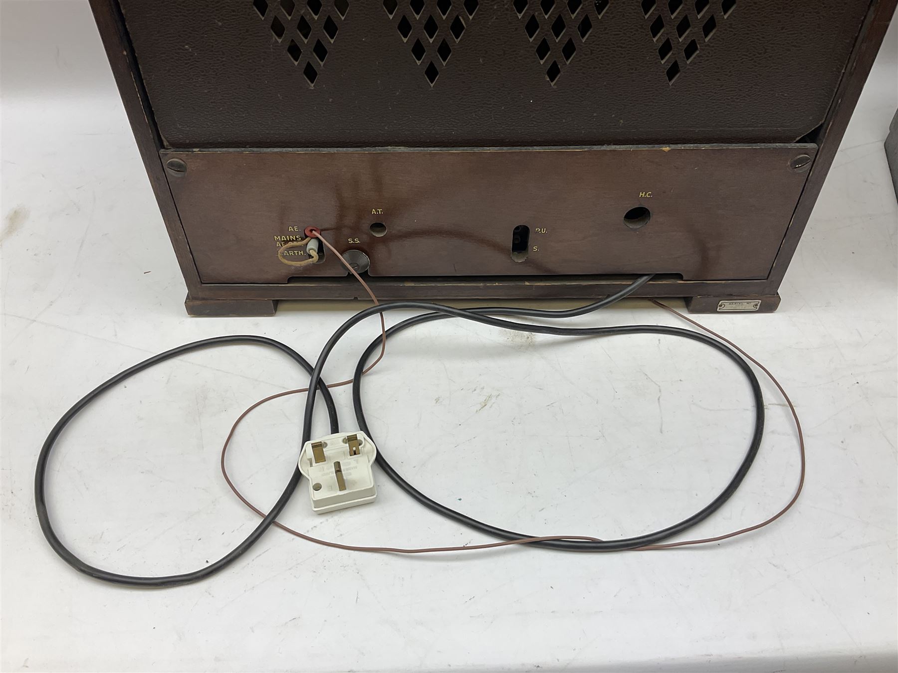 1930s Marconi model 296 valve radio, with Bakelite knobs and trim and 'M' over speaker fret, H40cm W46cm D27cm, together with 1930s Ferguson 702 valve radio with Bakelite knobs, H47cm