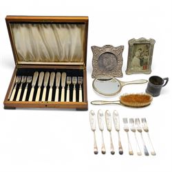 Embossed silver photograph frame, plated frame, set of six plated fish knives and forks etc