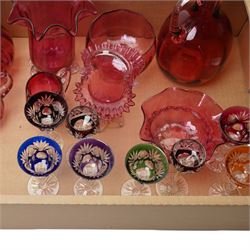 Cranberry glass decanter, claret jug, Mary Gregory style vase, glasses with coloured bowls etc